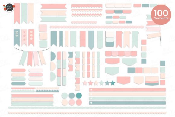 Tabs Ribbons Digital Planner Stickers: Graphics & Decorative Elements