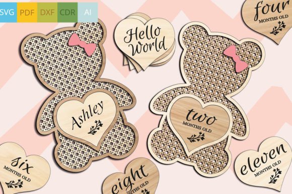 Teddy Bear Rattan Baby Milestone Heart: Laser Cutting Signs